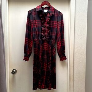 Donna Morgan Vintage Plaid Ruffle Pleated Black Red Dress Size 6